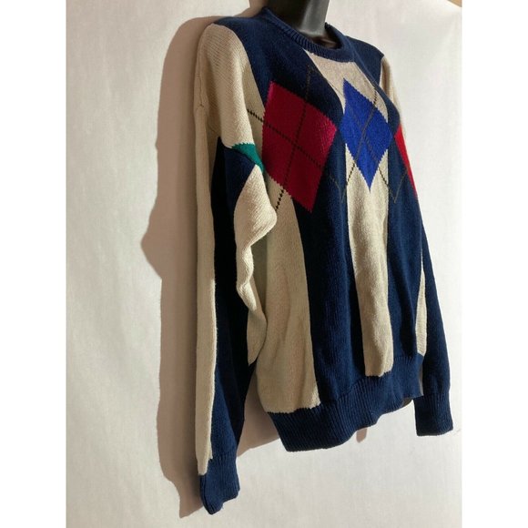 GULF TRADERS Cream Argyle Knit Unisex Pullover Sweater Size XL - Picture 2 of 9
